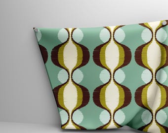 Retro Ikat Geometric Upholstery Fabric – Olive & Mint Green Mid-Century Modern Pattern – 143 cm Wide Polyester Digital Print Material