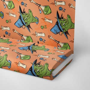 Halloween fabric by the yards, Orange Pumpkins Halloween fabric,Halloween vintage design, Alchemy Candles, Green Potion bottle, Witch Knight
