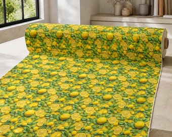 Lemon Digital Print Fabric, Citrus Garden Botanical Pattern, Yellow Fabric by the Yard