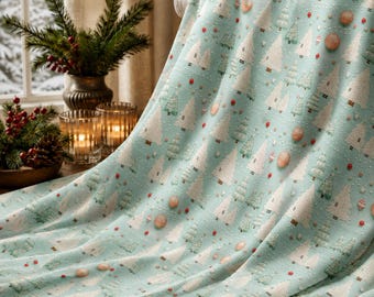 Mint Christmas Tree Printed Fabric by the Yard, Pastel Winter Holiday Snow Sewing Textile