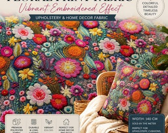 May include: A dark blue fabric featuring a dense, multi-colored floral print with an embroidered effect. The pattern includes various flowers in shades of pink, orange, yellow, and green. A square cushion made from this fabric is displayed.