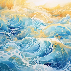 Watercolor Ocean Waves Fabric, Abstract Sea Panel, Blue Coastal Textile, Artistic Digital Print, Beach Theme Fabric for DIY & Home Decor