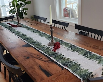 Winter Trend Table Runners, Lined pine trees on the floor with linen effect, Winter Table Xmas housewarming gift, Rustic Christmas