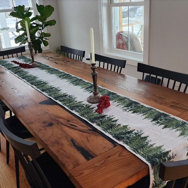 Winter Trend Table Runners, Lined pine trees on the floor with linen effect, Winter Table Xmas housewarming gift, Rustic Christmas