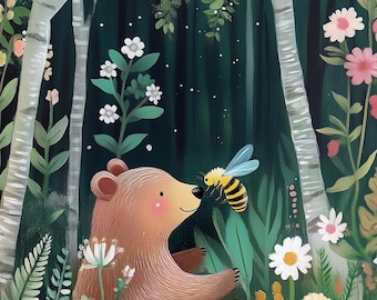 May include: A brown bear sits in a green forest with a yellow and black bee flying in front of it. The forest is filled with green leaves and pink, white, and yellow flowers.