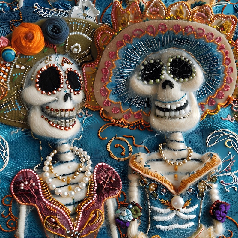 May include: Two embroidered felt skeletons with beaded details, one wearing a blue and gold dress and the other a red and gold dress. Both skeletons have white hair and are smiling.