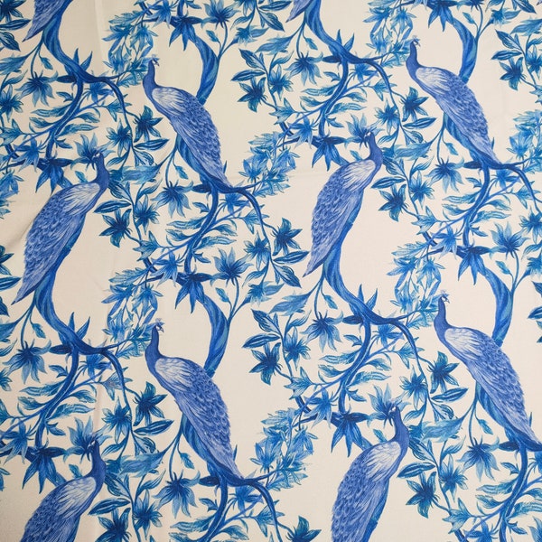 Pauw Stof op maat gesneden, Blauw Wit aquarel bloem vintage met blauwe pauwen, takken en bladeren, bloemendecoratie Bekleding