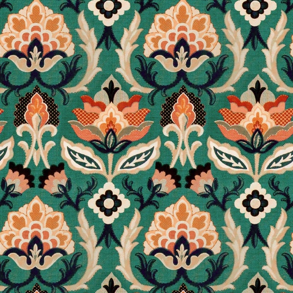 Santa Maria Fabric by the yards | Tapestry Pattern Fabric, Decorative Upholstery, Ornament Fabric Green and Orange fabric Folklorica