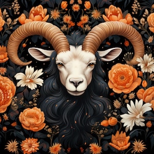 Capricorn Floral Art Panel Fabric, Mystical Ram Print, Elegant Zodiac-Inspired Textile