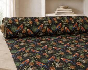 Parrot Fabric by the Yard, Tropical Pineapple Print, Exotic Bird Botanical, Jungle Decor Textile