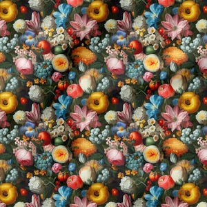 Vintage Oil Painting Floral Fabric – Dark Botanical Tapestry Print – Digital Art Style