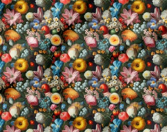 Dark Floral Fabric by the Yard, Vintage Botanical Flower Fabric, Moody Maximalist Decor