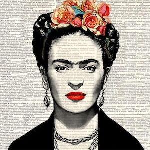 May include: Black and white portrait of Frida Kahlo with a floral headdress and red lipstick. The image has a vintage aesthetic, with a background of text. She wears a black top and silver jewelry.