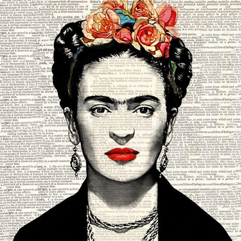 May include: Black and white portrait of Frida Kahlo with a floral headdress and red lipstick. The image has a vintage aesthetic, with a background of text. She wears a black top and silver jewelry.