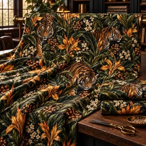 May include: A bolt of fabric featuring a dark black background with a repeating pattern of tigers, large green tropical leaves, orange flowers, and small white blossoms. A pair of gold scissors and a small bowl of pins sit on the table.