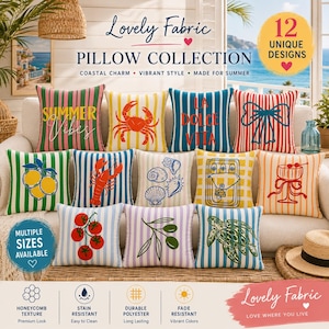 Summer Vibes Pillow Cover Set, Coastal Cushion Covers, Mediterranean Decor, Beach House Pillow, Lemon Crab Lobster Design, 12 Unique Designs