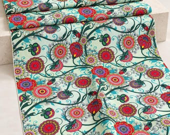 Boho Mandala Floral Printed Fabric by the Yard, Turquoise Whimsical Botanical Colorful Sewing Textile