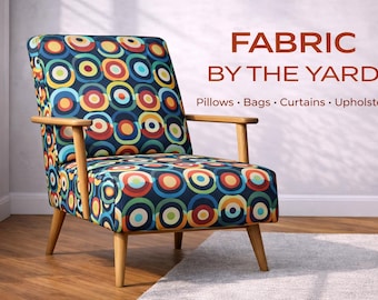 Retro Colorful Circle Pattern Fabric – Mid Century Modern Upholstery Textile – Bold Geometric Print Material – Custom Length by Yards