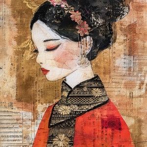 Pannello in tessuto con dipinti di ragazze vietnamite – Ritratto di donna orientale di Junk Journal – Ritratto di Junk Journal – Tessuto con volto di donna vietnamita