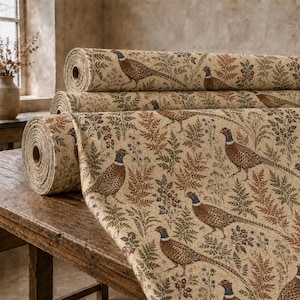 Pheasant Fabric by the Yard, Vintage Woodland Botanical, Fern Bird Print, Rustic Cottagecore Decor