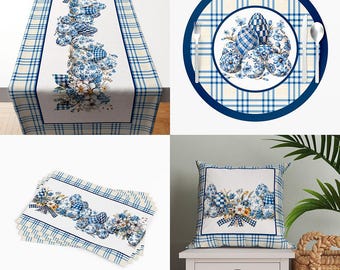 Floral Easter Table Runner: Blue Gingham Print, Custom Size