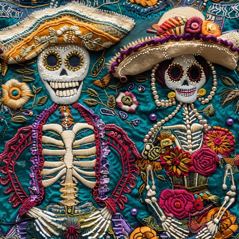 May include: Two embroidered skeletons wearing hats and traditional Mexican Day of the Dead clothing. The skeletons are decorated with colorful flowers, beads, and lace.