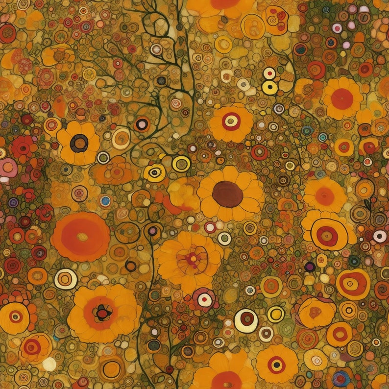 Puede incluir: Una pintura abstracta colorida con un patr&oacute;n de c&iacute;rculos y flores en espiral en tonos naranja, amarillo, marr&oacute;n y verde.