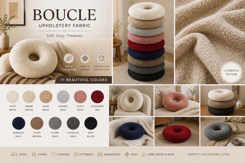 K&ouml;nnte beinhalten: Donut-f&ouml;rmige Kissen aus Boucl&eacute;-Polsterstoff in verschiedenen Farben, darunter Elfenbein, Beige und Grau. Das Bild zeigt die Kissen gestapelt und angeordnet, mit dem Text "BOUCLE UPHOLSTERY FABRIC" und "11 BEAUTIFUL COLORS".