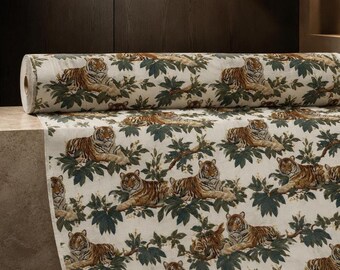 Tiger Fabric, Botanical Jungle Print, Vintage Wildlife Textile, Tropical Home Decor by the Yard