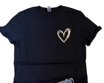 Womens Heart Shirt, Scribble Heart, Tshirt with Heart, Love, Black Tshirt, Gift for Her, Glitter, Bling Tee, Gifts for Mom, Silver, Gold