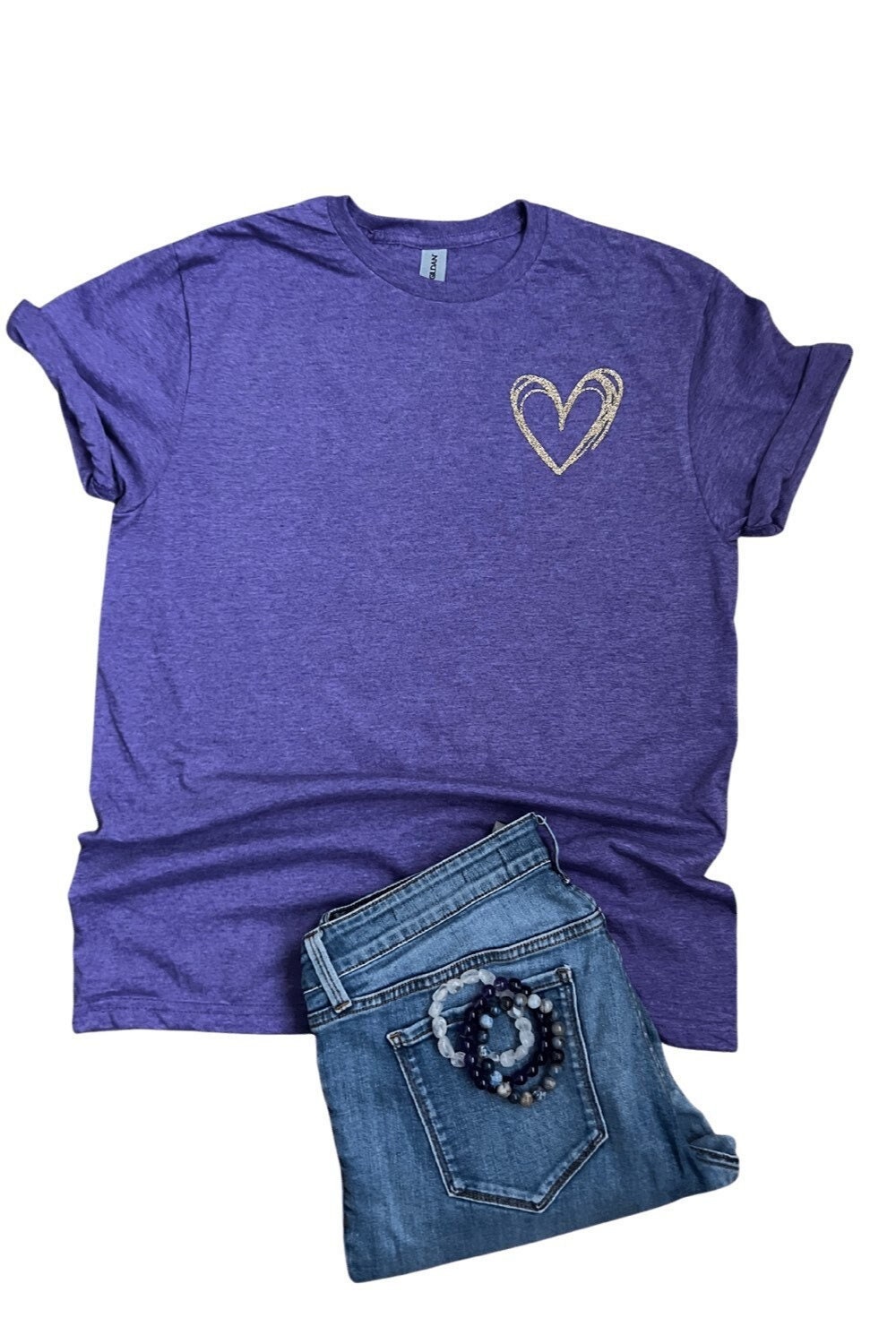 Cute Heart Shirt, Glitter Tee, Heather Purple Tshirt, Minimalist, Adult Unisex, Tshirt for Women, Women’s Shirt, Personalized Gifts, Bling