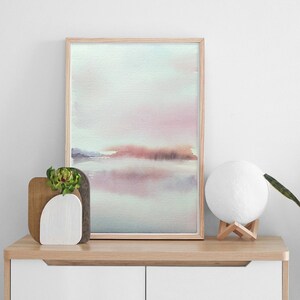 Abstraktes Landschaft Aquarell auf einem See, moderne Aquarell Druck Kunst, Aquarell in blau rosa gelb, Naturkunst, Geschenk