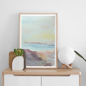 Abstrakte Landschaft Meer Aquarell Malerei, Moderne Aquarell Druck Kunst, Wasser Malerei in Blau Pink Gelb, Natur Kunst, Geschenk Druck