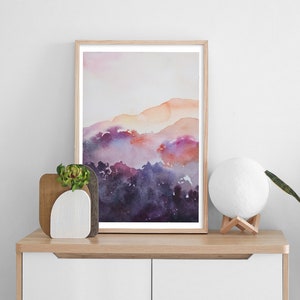 Abstract Landscape Watercolor Painting, Modern Watercolor Print Art, Water Painting in Purple, Purple Watercolor Art Decor, Subtle Art
