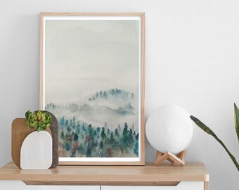Aquarell Kiefernwald, Myst Aquarell Kunst Dekor, Original Landschaft Druck, Abstrakte Landschaft Aquarell Malerei, Moderne Aquarell Druck