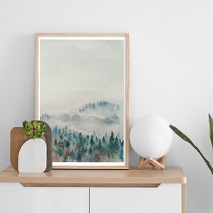 Akwarela sosnowy las, Myst Watercolor Art Decor, Oryginalny wydruk krajobrazu, Abstrakcyjny krajobraz akwarelowy, Nowoczesny wydruk akwareli