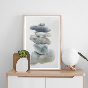 Cairns de rocha aquarela, equilíbrio de pedra de pintura em aquarela, aquarela de decoração de escritório, aquarela artesanal, arte de parede de pedra abstrata boho