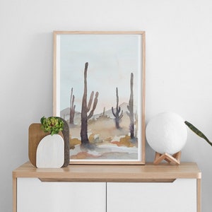 Pintura em aquarela de paisagem abstrata, decoração de casa, arte moderna de impressão em aquarela, presente, decoração de parede, cactos do deserto