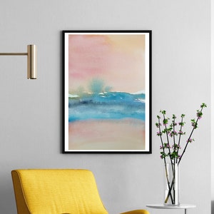 Abstrakte Landschaft Aquarell Malerei, Horizont, Moderne Aquarell Druck Kunst, Home Dekor Kunst, Wasser Malerei in Blau und Rosa