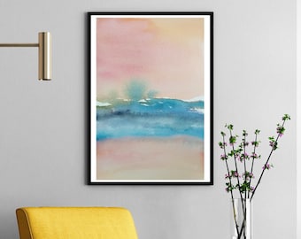 Abstract Landscape Watercolor Painting,Horizon, Modern Watercolor Print Art, Home Decor Art, Water Painting in Blue and Pink