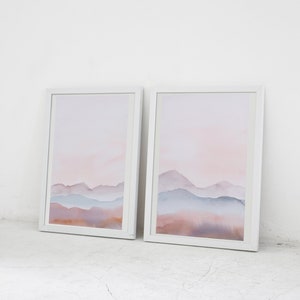Decoración de pared, pintura de acuarela de paisaje, conjunto de 2 arte de pared neutro, pintura abstracta, impresiones de arte de pared, impresión de montaña