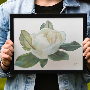 Pintura original de belas artes de magnólia flor aquarela branca