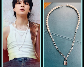Lavish'e★BTS JIMIN着用Melting Stone Pearl Vintage Necklace Silver Chain And Pearl Padlock Necklace | Jimin - BTS