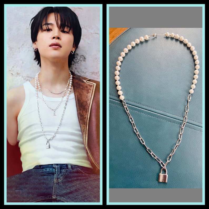 Jimin tiff. Ambassador inspired chain and glass pearl lock necklace 22 and 38 inch lengths, set and matching 2 1/2 earrings available. image 1
