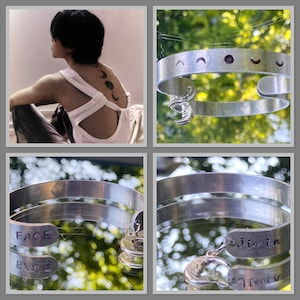 Jimin Moonphase 10mm wide stamped metal cuff bracelet with dangling moon charm