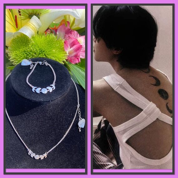 Jimin tattoo inspired delicate moonphase 17 inch necklace and bracelet. Includes dangling stamped Jimin heart charm.