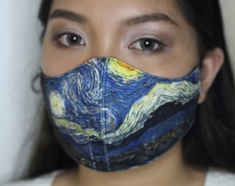 Van Gogh Starry Night Face Mask with Filter Pocket | Adjustable Ear Band | Famous Painting | Small/Medium/Large Adult Size