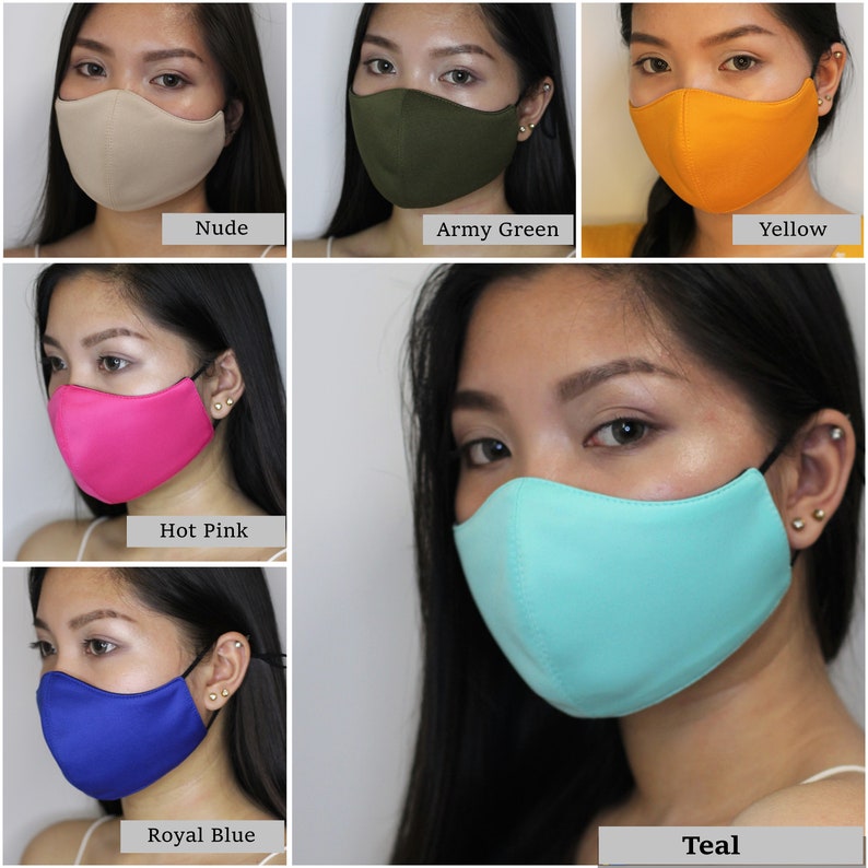 Nude, Army Green, Yellow, Hot Pink, Royal Blue, Teal face mask. Adjustable with filter pocket or reversible.
