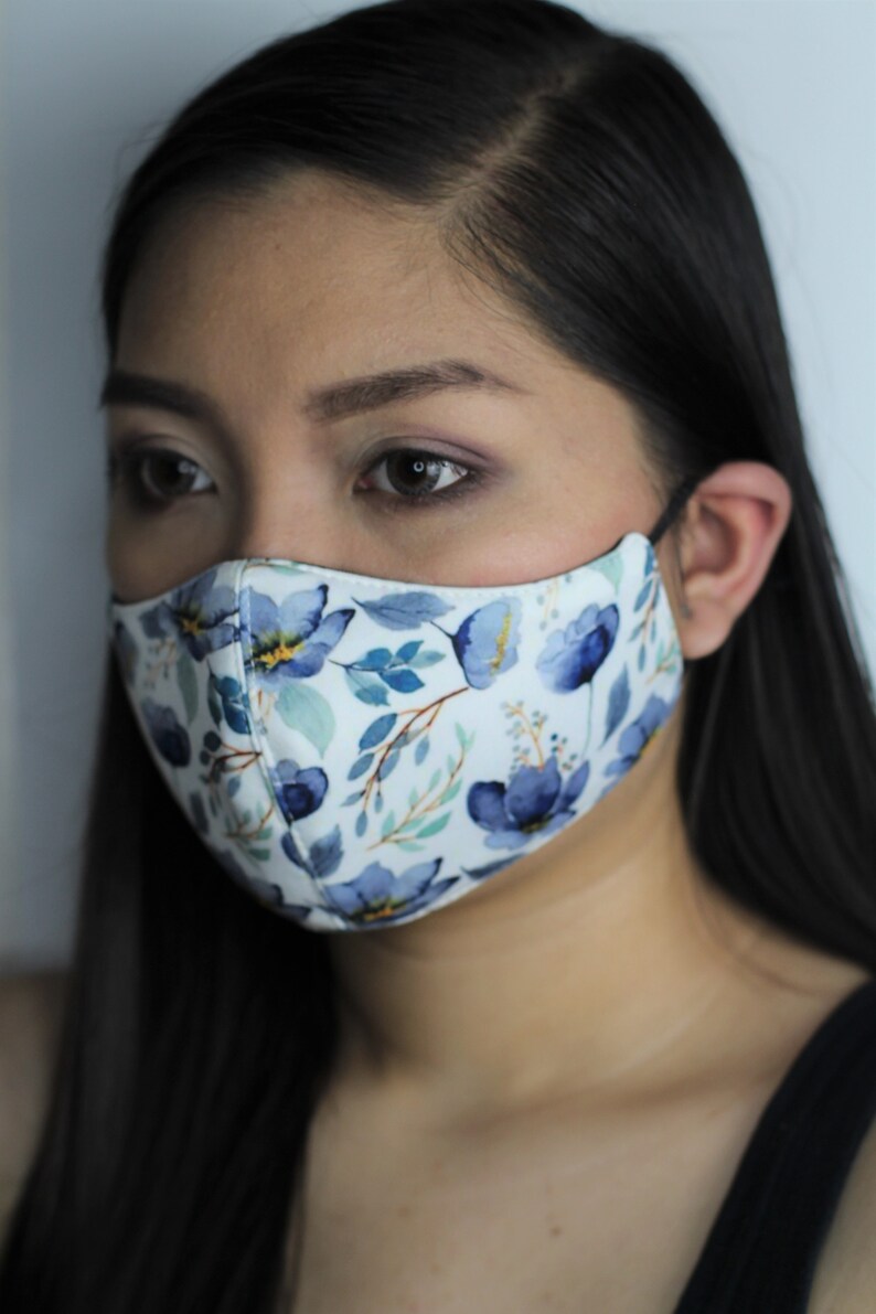 Blue and White Floral Face Mask with Filter Pocket | Adjustable Ear Loops | Washable | Reusable | Blue Flowers Face Mask 