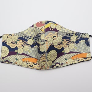 May include: A face mask with a colorful Japanese-inspired pattern featuring flowers, waves, and geometric designs in shades of blue, purple, orange, and yellow.